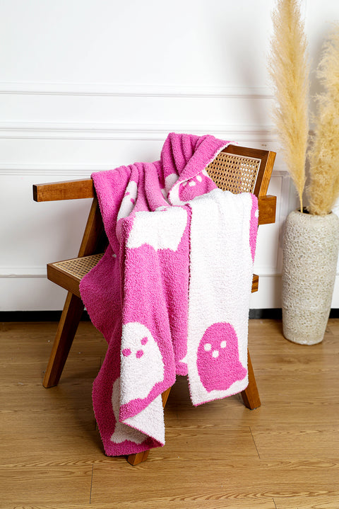 Bright Pink Two-Tone Colorblock Halloween Cute Ghost Printed Blanket