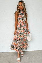 Black Boho Floral Print Knotted Halter Ruffled Maxi Dress