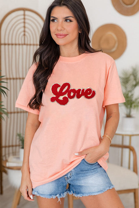 Pink Chenille Love Patched Pattern Round Neck Valentines T Shirt