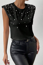 Black Pearls Beaded Shoulder Pad Crew Neck Tank Top