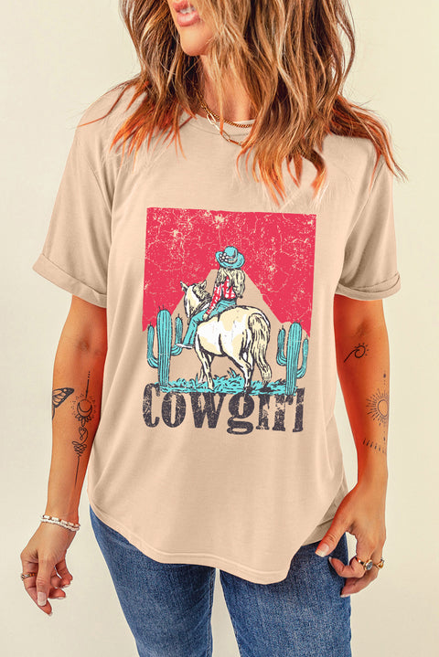 Khaki Cowgirl Rodeo Graphic Western Fashion Tee