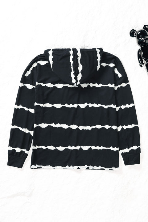 Striped Drawstring Button Long Sleeve Hoodie