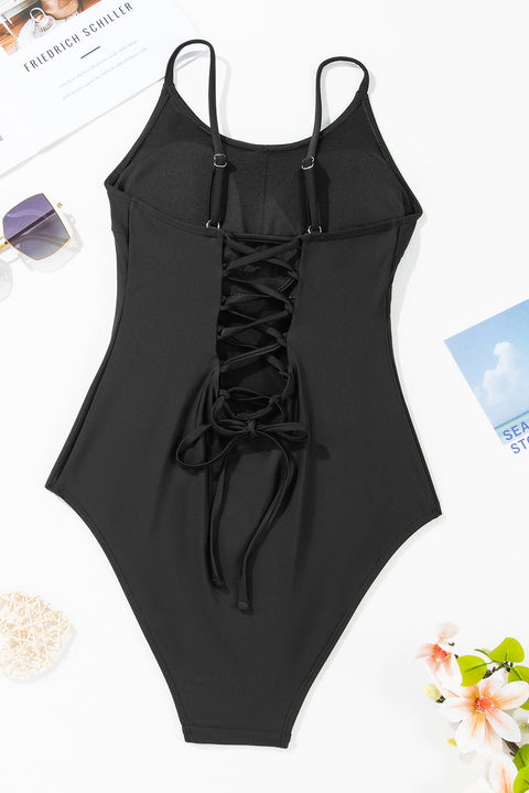 Black Thin Strap Strappy Lace-up Open Back One Piece Swimsuit