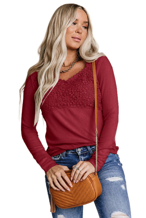 Beige Lace Crochet V Neck Long Sleeve Top