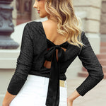 Black Metallic Bowknot Open Back V Neck Top