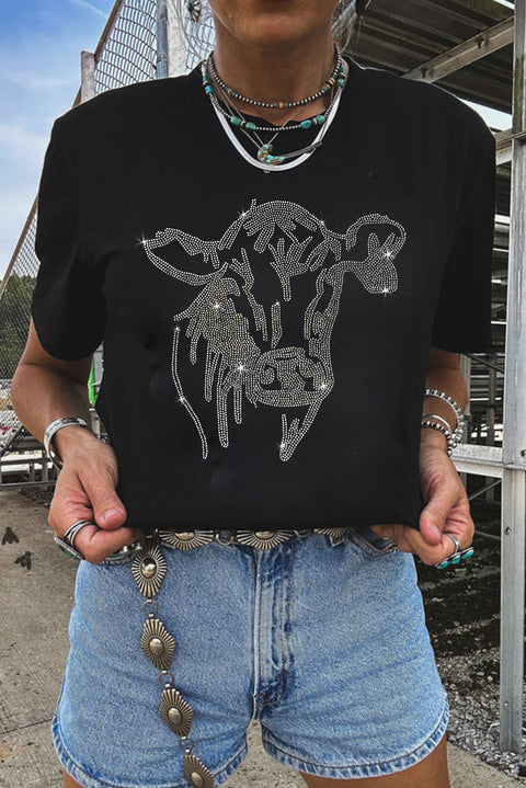 Black Rhinestone Steer Head Graphic Fashion T Shirt