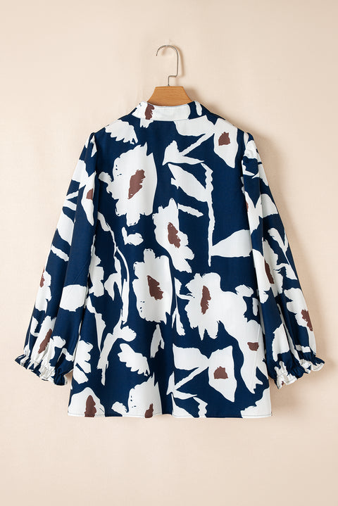 Sail Blue Abstract Floral Print Puff Sleeve Half Button Blouse