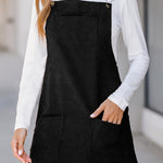 Black Solid Front Pockets Sleeveless Corduroy Overall Dress