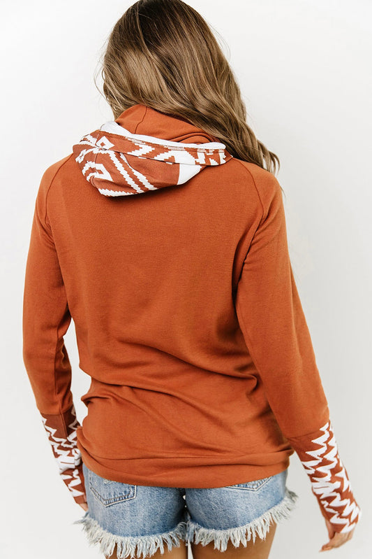 Aztec Print Patchwork Thumb Hole Hoodie