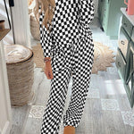 Black Checkered Print Long Sleeve Top and Pants Lounge Set