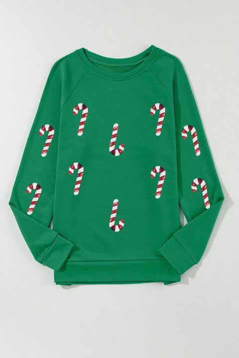 Green Sequin Christmas Candy Cane Graphic Crewneck Pullover Sweatshirt