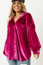 Bright Pink Plus Size Velvet Chest Pocket Drop Shoulder Shirt