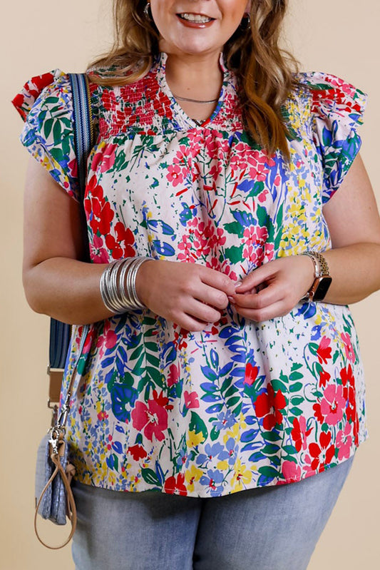 Blusa con cuello en V y manga japonesa con volante y estampado floral