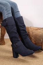 Navy Blue Suede Double Buckled Side Zipped Mid-calf Boots