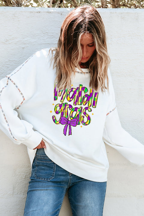 White mardi gras Bowknot Printed Contrast Trim Drop Shoulder Sweatshirt