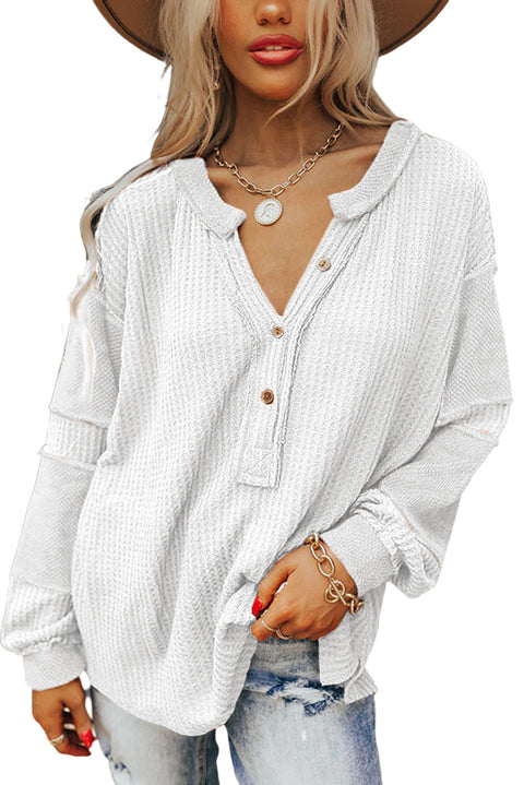 Top henley de punto tipo gofre con costuras expuestas y parches en contraste en blanco brillante