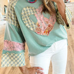 Clearly Aqua Plaid Floral Peace Heart Graphic Wide Long Sleeve Top