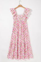 Pink Floral Print Square Neck Ruffled Strap Maxi Dress