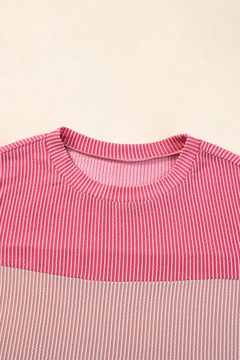 Pink Rib Textured Colorblock T Shirt