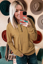 Khaki Drawstring Kangaroo Pocket Henley Hoodie