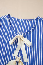 Blue Stripe Tied Front Puff Short Sleeve Blouse