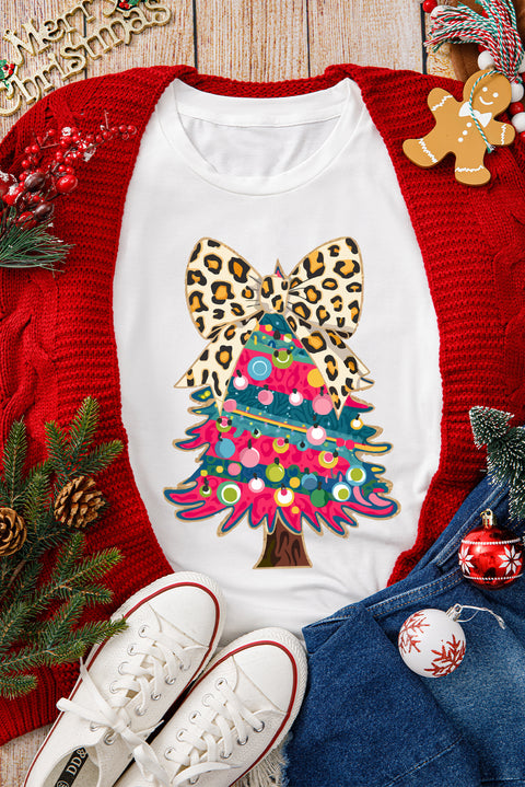 White Leopard Bow Décor Christmas Tree Graphic Crew Neck Tee