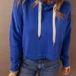 Dark Blue Solid Drop Shoulder Drawstring Cropped Hoodie