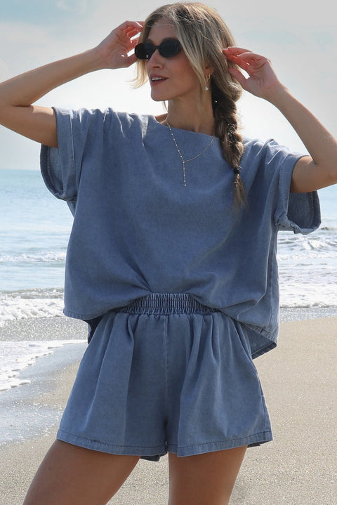 Light Blue Denim Cuffed Sleeve Tee Elastic Shorts Set