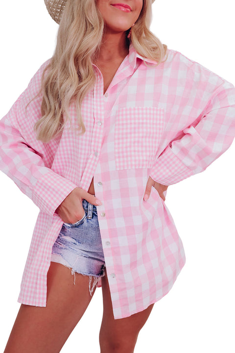 Camisa de manga larga con patchwork a cuadros de mezcla rosa