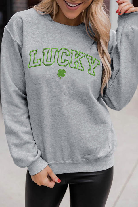 LUCKY Clover Embroidered Pullover Sweatshirt