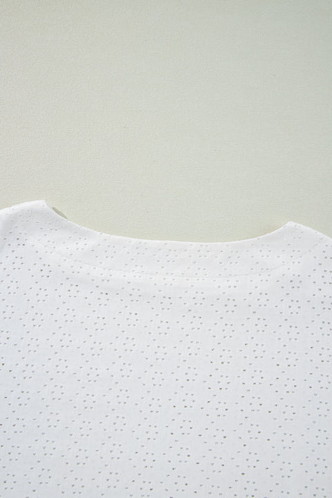 White Eyelet Pattern Boat Neck Casual Tee