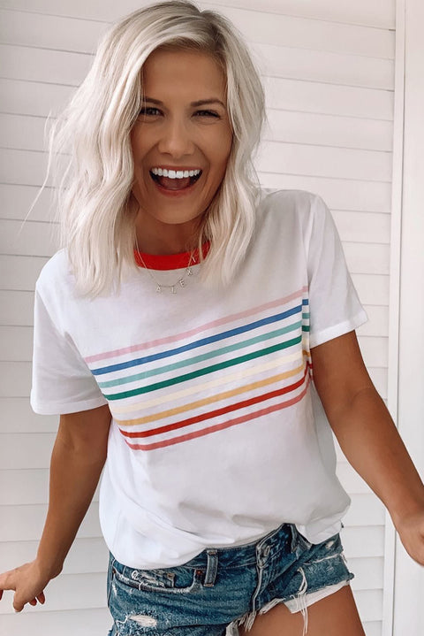 White Rainbow Stripe Print Contrast Crewneck T Shirt