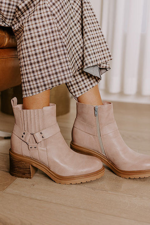 Beige Ring Linked Zipper Chunky Heel Ankle Boots