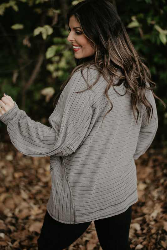 Gray Ribbed Side Pockets Long Sleeve Plus Size Top