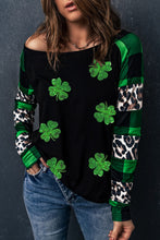 Green Sequin Clover Patch Graphic Plaid&Leopard Sleeve Top