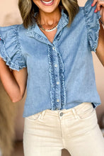 Beau Blue Button Front Ruffled Flutter Frayed Denim Top