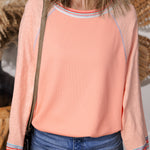 Grapefruit Orange Waffle Knit Wide Bracelet Sleeve Patchwork Raglan Top