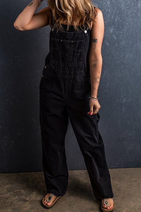 Black Adjustable Buckle Straps Multi Pocket Denim Overalls