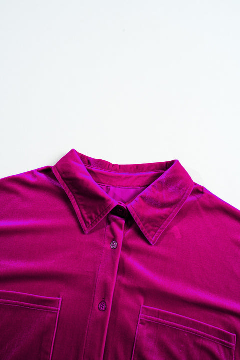 Bright Pink Plus Size Velvet Chest Pocket Drop Shoulder Shirt