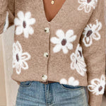 Smoke Gray Floral Print V Neck Knitted Button up Cardigan