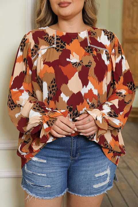 Multicolour Plus Size Abstract Print Puff Sleeve Blouse