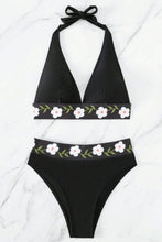 Black Floral Banded Halter High Waisted Swimsuit