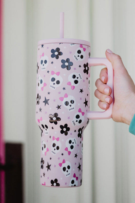 Light Pink Halloween Skull Flower Print Handle Large Vacuum Cup 40oz