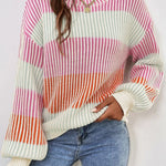 Pink Colorblock Textured Knit Bubble Sleeve Sweater