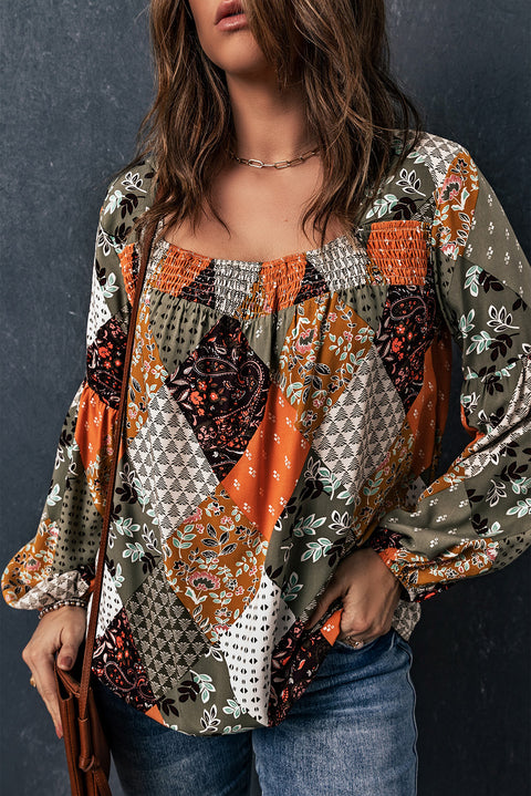 Square Neck Mixed Print Blouse