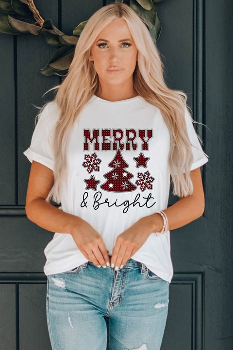 White MERRY and Bright Plaid Print Christmas Crewneck T Shirt