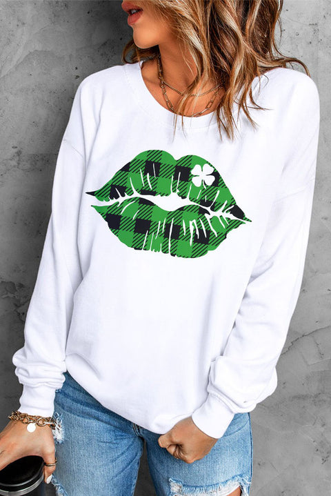 Sudadera de manga larga con estampado gráfico de trébol de labios a cuadros