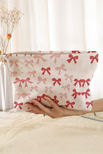 Fiery Red Bows Print Zipped Corduroy Makeup Storage Bag