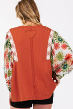 Desert Gold Floral Puff Sleeve Patchwork Round Neck Blouse