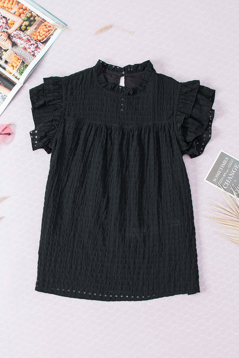 Black Hollowed Texture Ruffle Sleeve Blouse